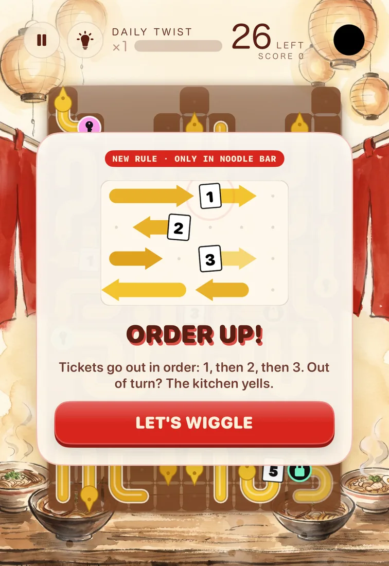 A Daily Twist in Noodle Bar: lanterns and noodle bowls around a card for the Order Up! rule, only in Noodle Bar. Tickets go out in order: 1, then 2, then 3. Out of turn? The kitchen yells.