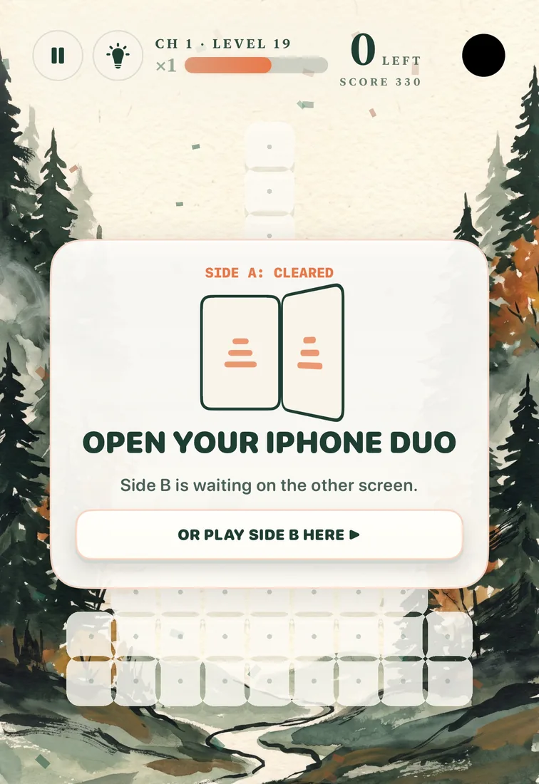 A two-sided level in Evergreen: side A is cleared, and a card says Open your iPhone Duo, side B is waiting on the other screen.