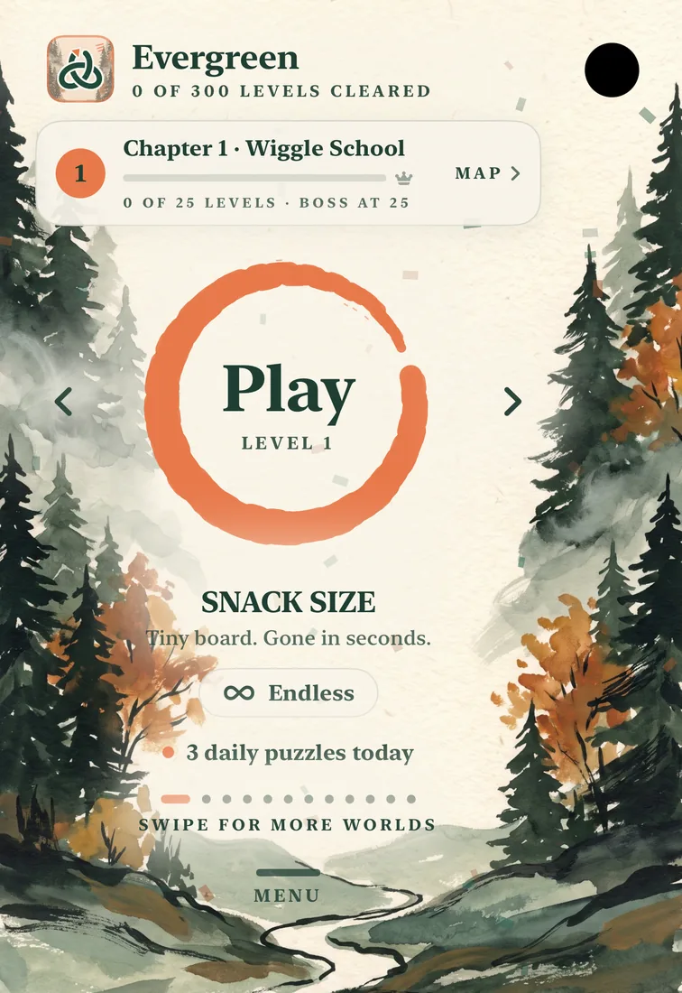 Wiggled's home screen in Evergreen: a watercolour pine forest around a big orange Play button for level 1, with Chapter 1, Wiggle School, a map link, Endless, and 3 daily puzzles today.