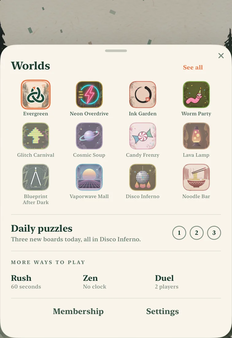 The menu: all 12 worlds, three daily puzzles today in Disco Inferno, and more ways to play: Rush (60 seconds), Zen (no clock) and Duel (2 players), plus Membership and Settings.