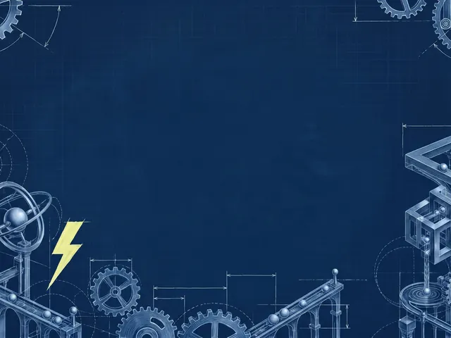 Blueprint After Dark's painting: gears, an orbit diagram and impossible staircases drawn on navy blueprint paper, with a yellow lightning bolt.