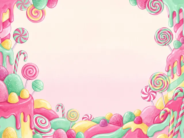 Candy Frenzy's painting: lollipops, gumdrops and dripping icing around a soft pink sky.