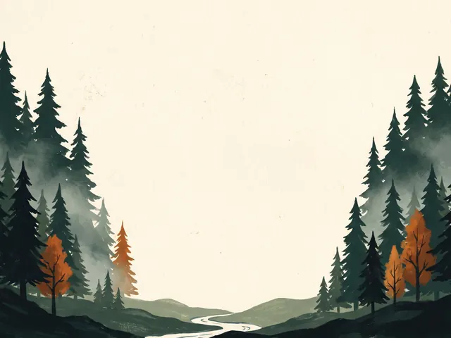 Evergreen's painting: watercolour pines and autumn trees around warm cream paper, a river winding through the hills.