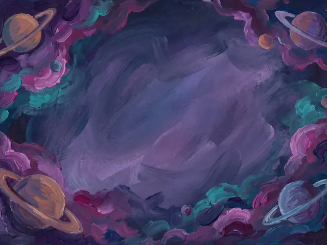Cosmic Soup's painting: ringed planets drifting through swirling violet and teal nebulas.