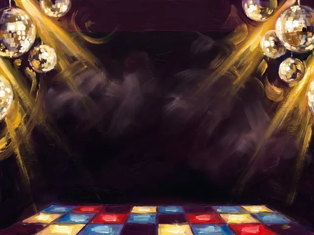 Disco Inferno's painting: mirror balls throwing golden beams over a lit-up dance floor.