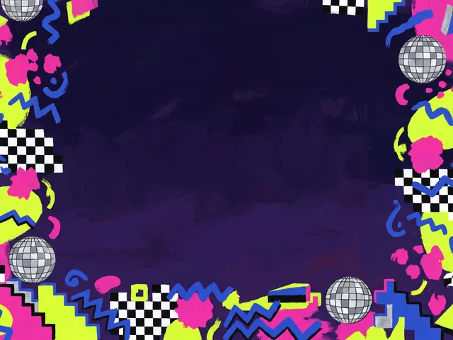 Glitch Carnival's painting: a loud frame of zigzags, checkerboards and disco balls around deep purple.