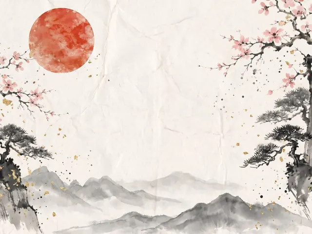 Ink Garden's painting: a red sun, cherry blossom and ink-wash mountains on washi paper.