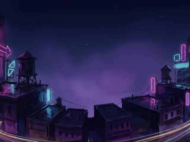 Neon Overdrive's painting: rooftops and water towers under a purple night sky, lit by neon signs.
