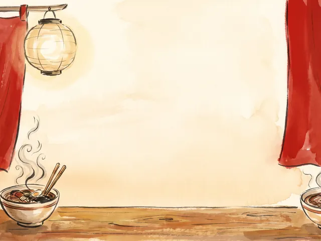 Noodle Bar's painting: a paper lantern, red curtains and steaming bowls of noodles on a wooden counter.