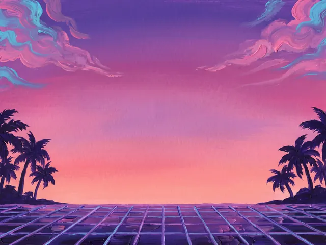 Vaporwave Mall's painting: palm trees against a pink and purple sunset over a glowing grid floor.