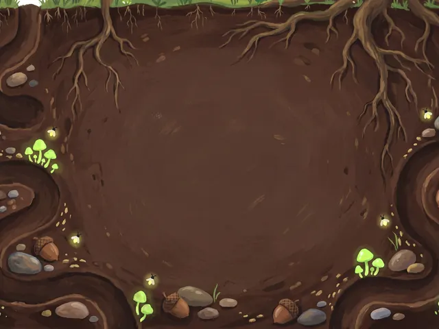 Worm Party's painting: a cosy underground burrow of roots, pebbles and glowing mushrooms.